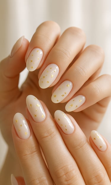 manicured hands with milky white nails and scattered gold foil accents, natural soft light