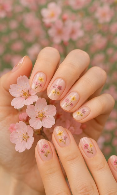Nails with clear or sheer pink polish, small pressed flowers embedded under top coat, hands holding 