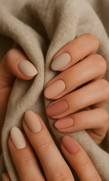 oval nails, each nail painted in varying nude and blush tones, matte finish, holding a neutral-toned