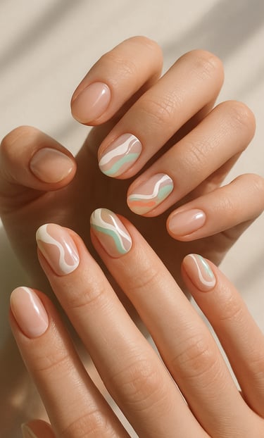 clear base nails, abstract white and pastel waves painted across a few nails, artsy vibe