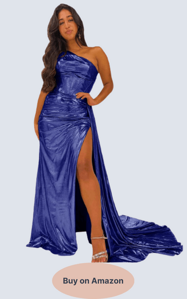 Geforsp Metallic Satin Sparkly Prom Dresses for Women with Slit One Shoulder Long Corset Ruched Even