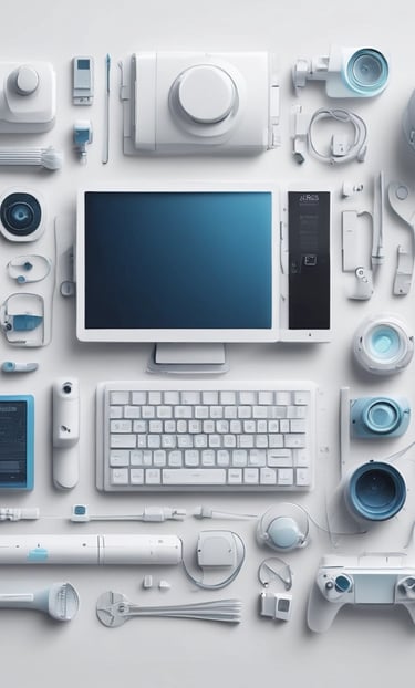 A neatly arranged set of gadgets including a black smartwatch displaying the time, a smartphone with a colorful abstract wallpaper, and a laptop with part of the keyboard visible. The devices are placed on a light surface, emphasizing their sleek design and modern technology.