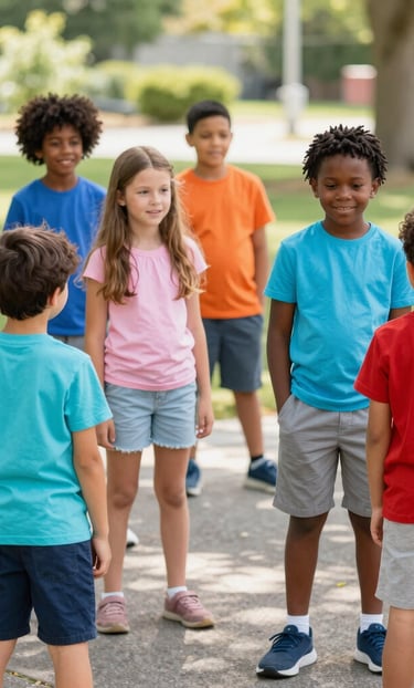 A diverse group of school children playing an outdoor game in a circle on a sunny playground.