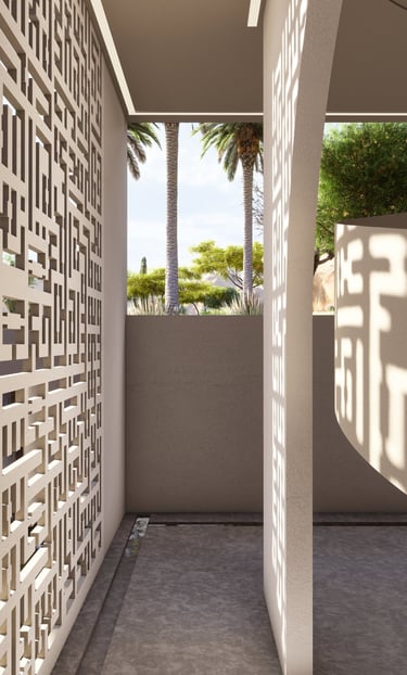 Contemporary balcony with geometric screen, UAE