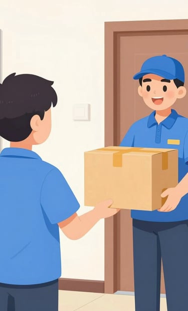 A happy customer receiving a package at their doorstep from a ShopSwift delivery person.