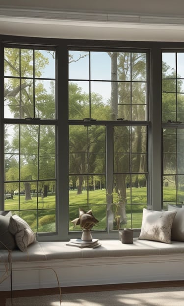 A modern sliding window partially open, showing a sleek frame and outdoor patio.