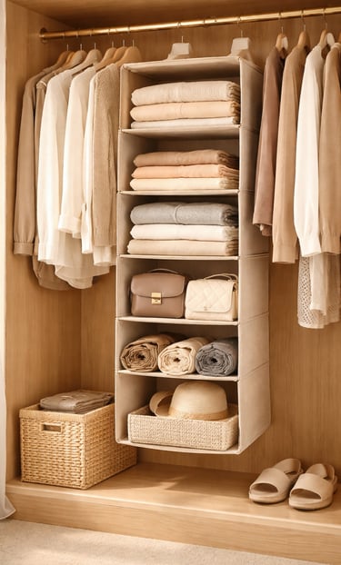 Open wardrobe closet with a 6-tier fabric hanging shelf organizer on the rod, neatly folded clothes