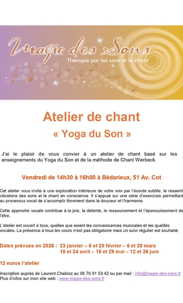Affiche de l'atelier de chant Yoga du Son à Bédarieux 