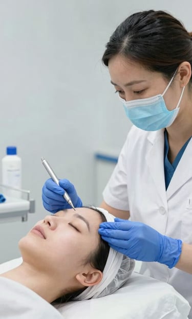 Close-up of a serene woman receiving a gentle facial treatment in a modern clinic