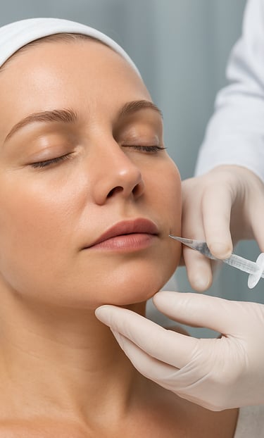 Close-up of a serene woman receiving a gentle facial treatment in a modern clinic