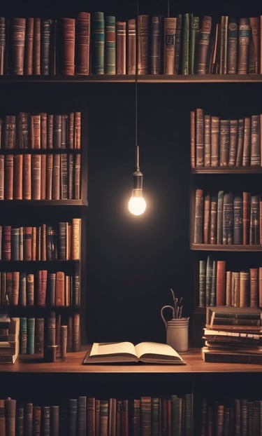 A bookstore with shelves filled with a variety of books arranged neatly. There is a table in the foreground stacked with several different books with colorful covers, featuring notable authors and titles. Books are stacked both vertically and horizontally, showcasing different genres.