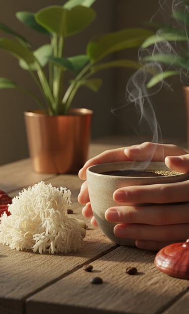 a person holding a cup of coffee and a cup of coffee