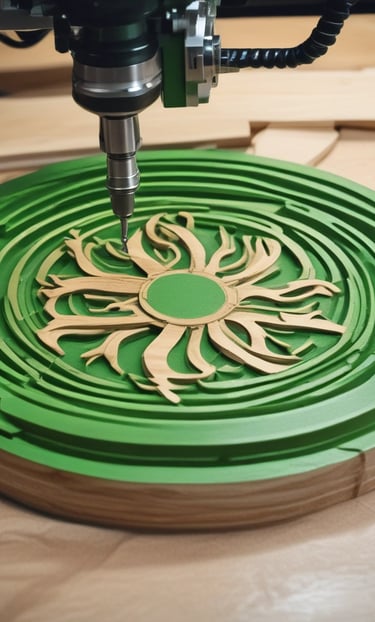 Close-up of a finely engraved wooden plaque with intricate CNC details