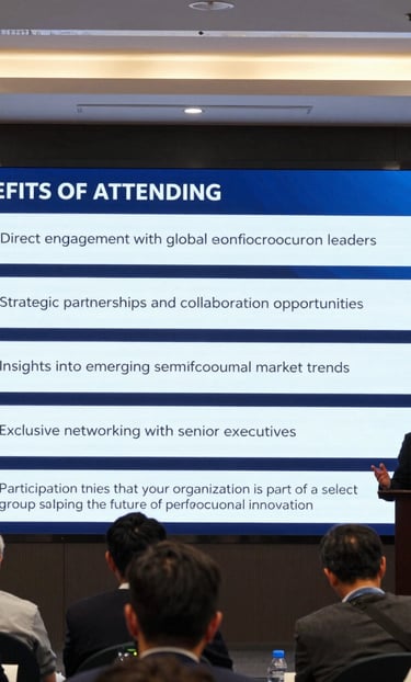 A dynamic conference scene with engaged attendees networking and exchanging ideas under bright stage lights.