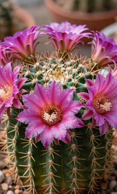 Close-up of vibrant succulent and cactus seedlings sprouting in small pots under natural sunlight