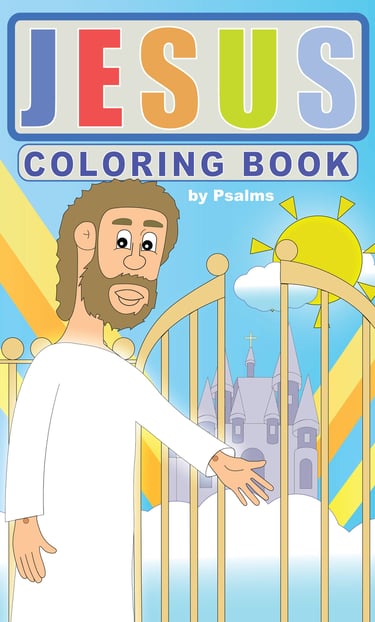Jesus coloring book cover featuring a cartoon Jesus at the gates of heaven with a sun and castle.