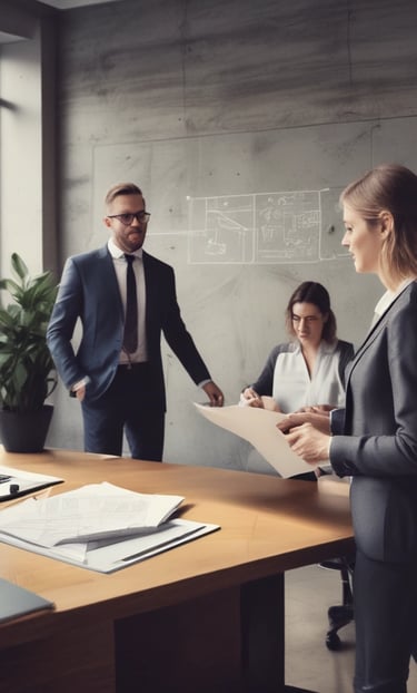 Modern office environment with professional team discussing financial strategies around a sleek black and gold accented conference table.