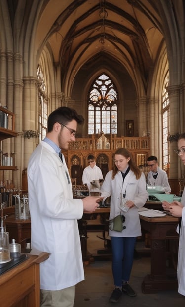 A serene classroom setting with students engaged in learning about science and scripture.