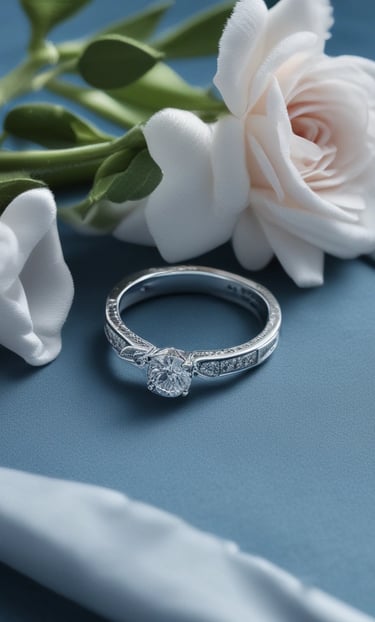 A close-up of a sparkling diamond ring on a soft fabric background.