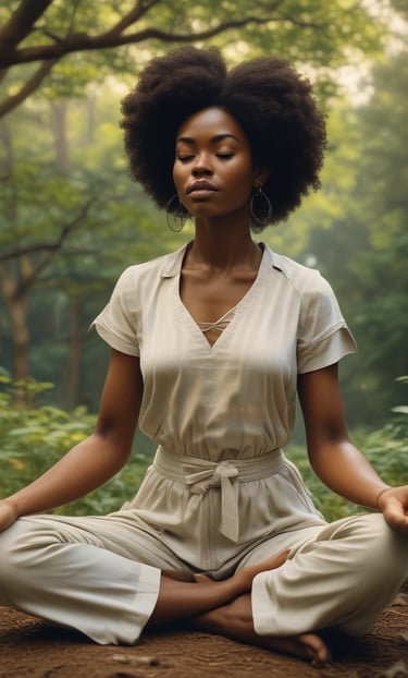 A serene landscape with a person meditating in nature.