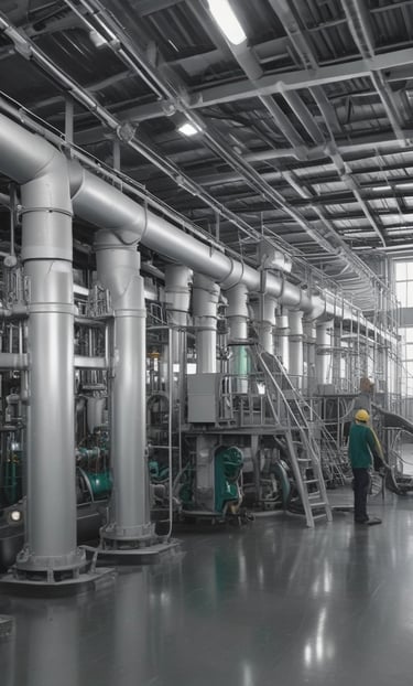 A spacious, well-lit industrial setting with numerous large white machines lined up in parallel rows. A person in uniform appears to be operating one of the machines. Red and blue bins are placed at intervals along the line of machines, which appear to be automated textile machines. The facility is clean and modern, with the floor marked with geometric patterns.