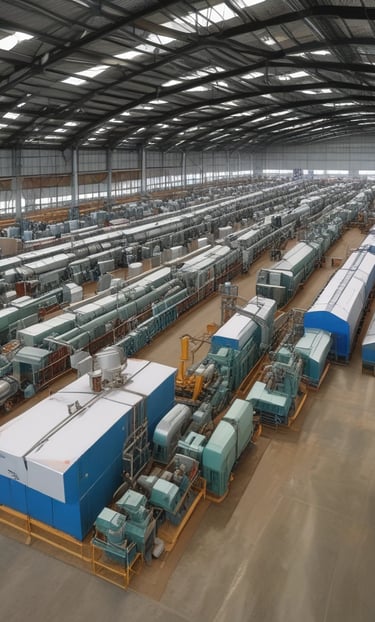 A spacious, well-lit industrial setting with numerous large white machines lined up in parallel rows. A person in uniform appears to be operating one of the machines. Red and blue bins are placed at intervals along the line of machines, which appear to be automated textile machines. The facility is clean and modern, with the floor marked with geometric patterns.