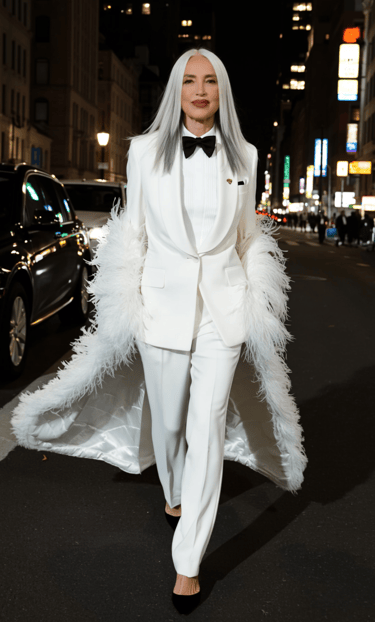 Elegante Luxury Coach in Smoking bianco, papillon e pelliccia di piume.