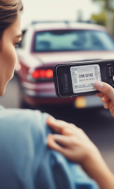 A close-up of a vehicle license plate with a blurred city background.