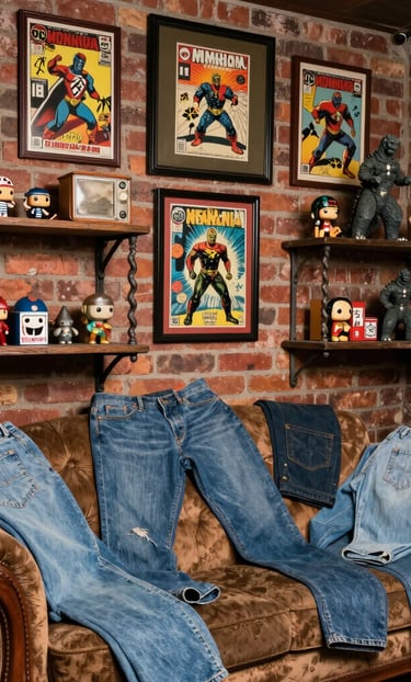 1980'S MAN CAVE WITH BRICK WALL. MULTIPLE FRAMED DC COMIC BOOK COVERS FROM THE 70'S HANGING COVERING