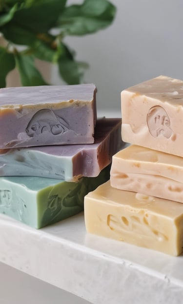 A collection of colorful handmade soaps arranged on a wooden surface.