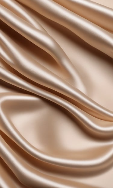 Smooth, flowing folds of shiny, champagne-colored satin fabric create an elegant, luxurious texture.