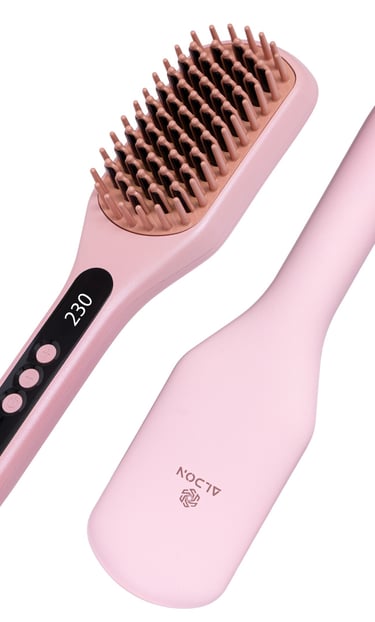 a pink hair brush and a brush on a white background