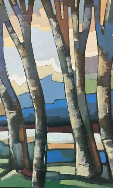 Architectural abstract oil painting with vertical structural forms and layered atmospheric color by