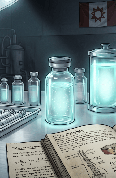Anime-style laboratory with glowing vials of Titan serum, medical tools, and Eldian physiology research books.