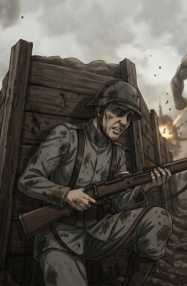 Soldiers in muddy trenches face a giant Titan in this Attack on Titan Marleyan war fan art.