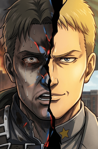 Split portrait of Reiner Braun from Attack on Titan showing his dual identity as an Eldian soldier and Marleyan warrior.