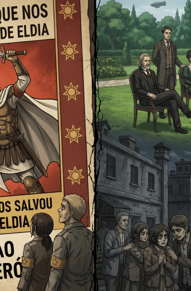 Attack on Titan propaganda poster of Helos slaying the Earth Devil beside Marleyan eldian internment zone.