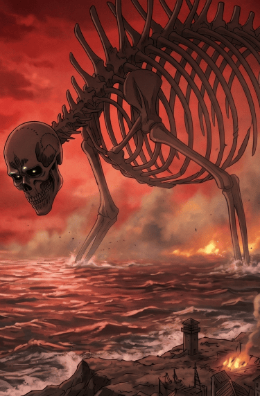 Giant skeletal titan walking through the ocean toward a burning coastal village under a red sky.