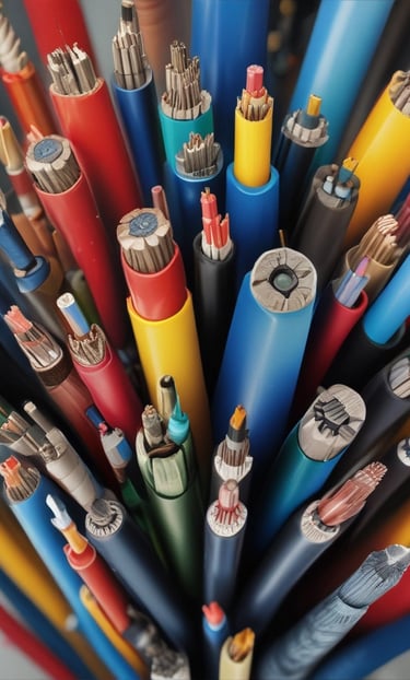 Assorted industrial power cables and colorful electrical wiring with exposed copper wire cores.