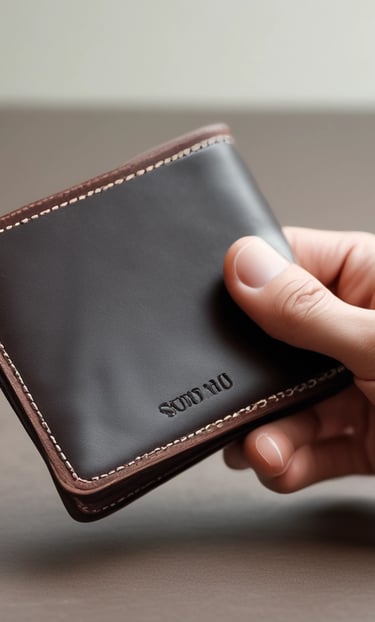 Close-up of a sleek leather wallet on a wooden table with soft natural light highlighting its texture