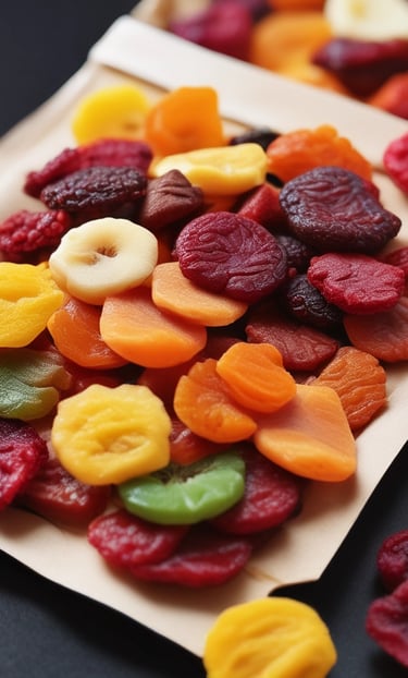 Close-up of dried banana slices branded as 'กล้วยอบอุ่น' in a rustic basket