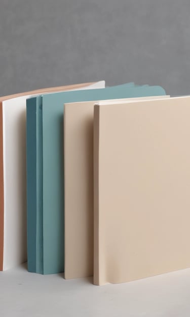 A blue notebook with rounded corners is wrapped in a white paper band. The band contains text in Spanish describing the product as a package of five sewn notebooks with 100 pages each, made with 90g bond paper, manufactured in Mexico. The design includes a minimalist, geometric logo.