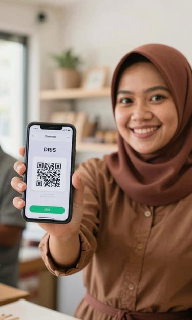 Warm editorial photography of a smiling Indonesian female merchant in her clean, bright retail shop holding a phone showing a successful QRIS transaction, natural daylight, shallow depth of field