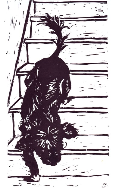 black and white block print of beloved dog, Sophie, descending stairs