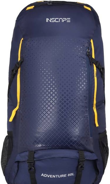 a navy blue trekking bags with geometric print on it and yellow strap with unique design . 80 liter 