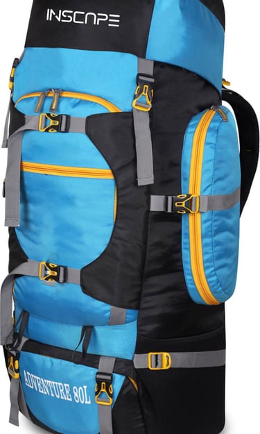 hiking bag with light blue and black color with yellow zippers and multiple pockets