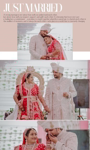 Collage of wedding moments: Just Married couple holding hands and groom kissing bride's hand.