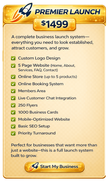 Premier Launch business package featuring logo design, website development, and SEO services for $1499.