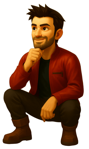 Rob Phillimore AI avatar kneeling and pondering