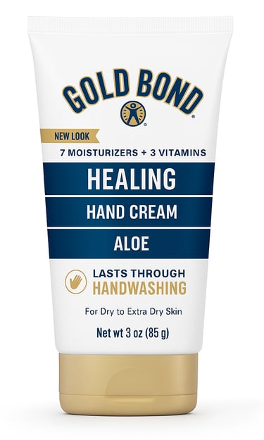Gold and blue hand cream tube with aloe label.
